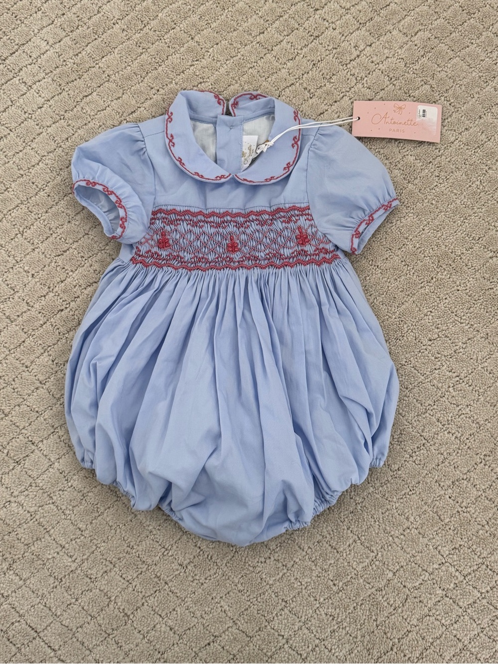 NWT Antoinette Paris Light Blue Hand-Smocked Baby Girl Bubble Romper